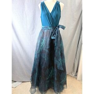 Eliza J Plus Size 18 Surplice Jersey Floral Organza Gown Teal Mixed Media